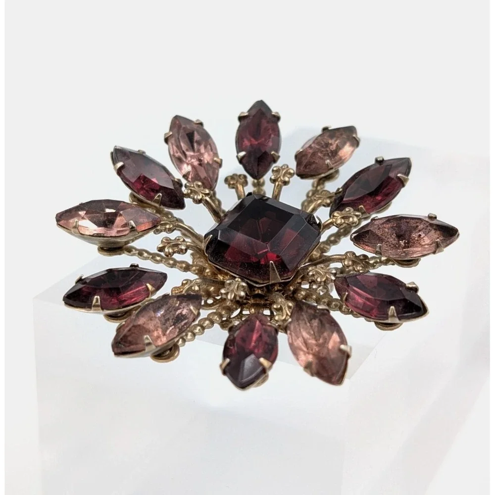 Vintage Tiered Flower Brooch Pin 3D Wine‎ Rhinestone Gold Tone Filigree Backing